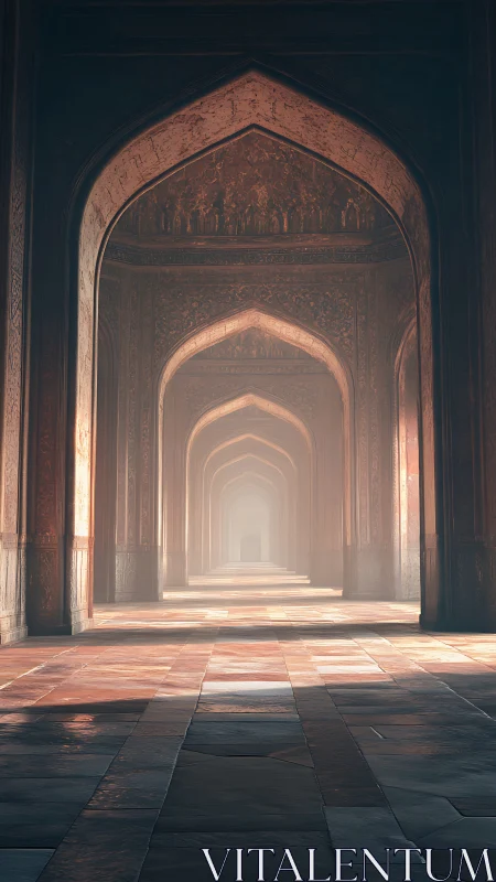 Sunlit Mughal arches in receding architectural perspective.
