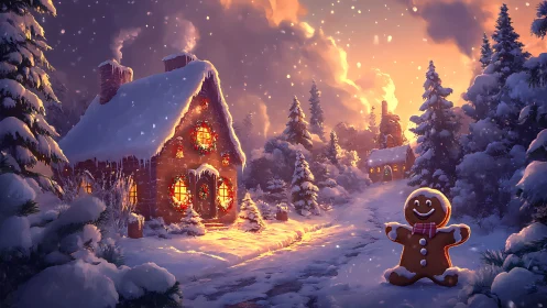 Gingerbread friend welcoming you to a glowing winter cottage.