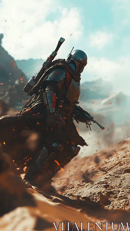 Armored sci-fi hunter strides through dynamic desert storm.