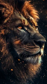 Fiery digital lion portrait with glowing embers at night.