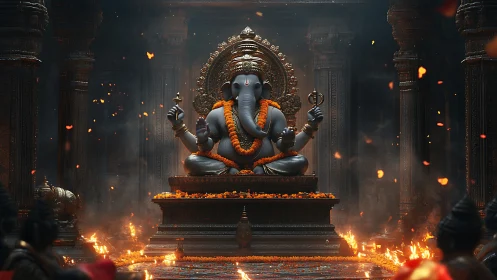 Cinematic 3D render of Ganesha shrine with dynamic firelit ambiance.