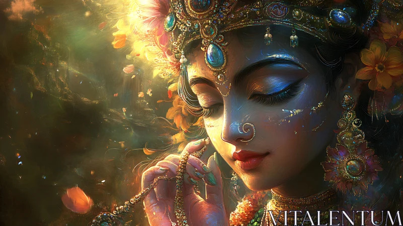 Radiant goddess in jeweled blossoms and drifting light.