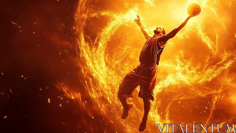Basketball player executing fiery dunk within plasma vortex.