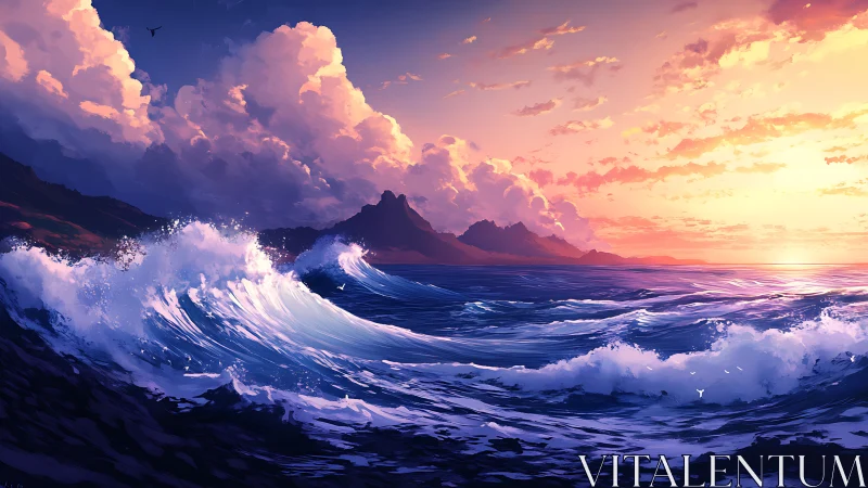 Ocean waves advance toward distant coastal mountains at sunset