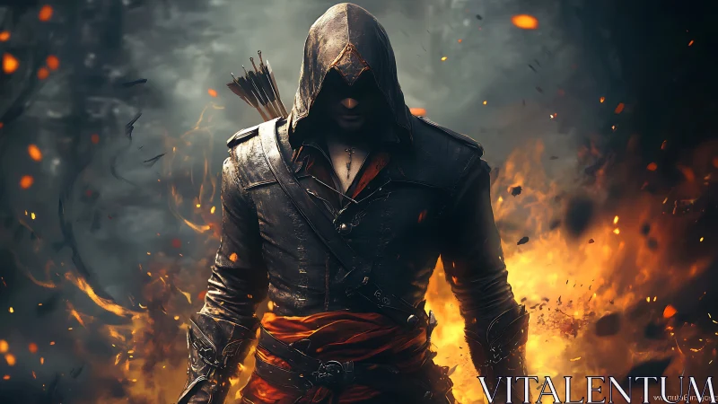 Hooded archer in burning forest with cinematic lighting.