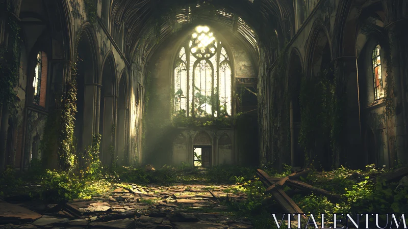 Sunlit ruin where cathedral stone surrenders to ivy.
