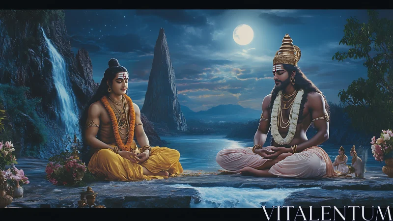 Divine gurus meditate by moonlit river within mountain valley