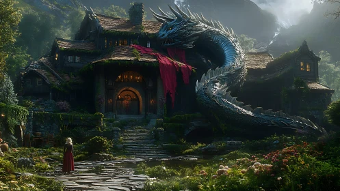 Massive silver dragon coiled around ivy-covered manor