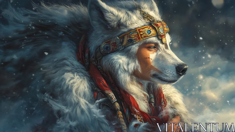 Wolf-headed warrior in ornate headdress in winter storm.