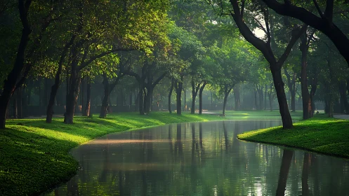 Serene tree-lined river meanders through a misty green park