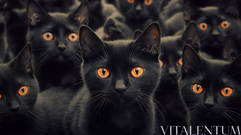 Multiple black cats with luminous amber eyes staring intensely forward