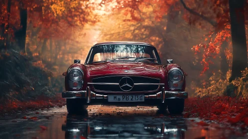 Crimson classic Mercedes glides through a tunnel of ember leaves