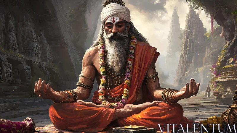 Elderly robed figure meditating before stone temple structures.