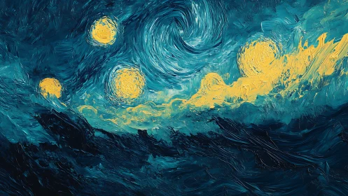 Swirling cobalt night sky with radiant golden orbs