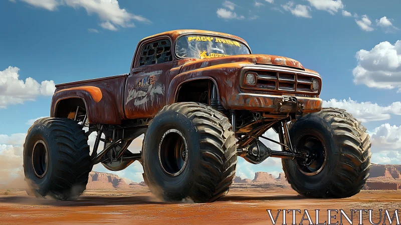Rustic orange monster truck powers across desert plain
