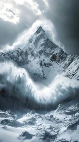 Snowy mountain peak with large avalanche in motion.