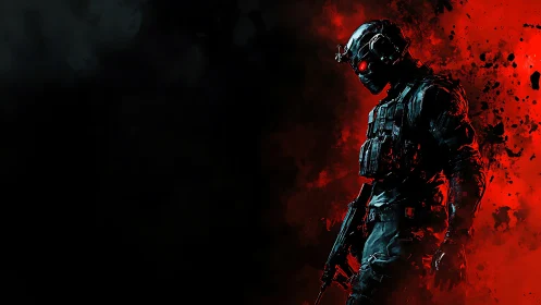 Shadow commando strides through splintered crimson smoke.