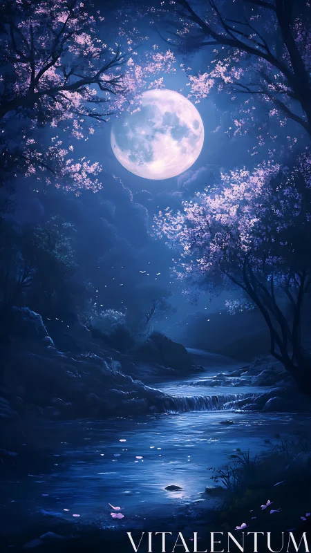 Full moon illuminates a forest stream beneath flowering trees