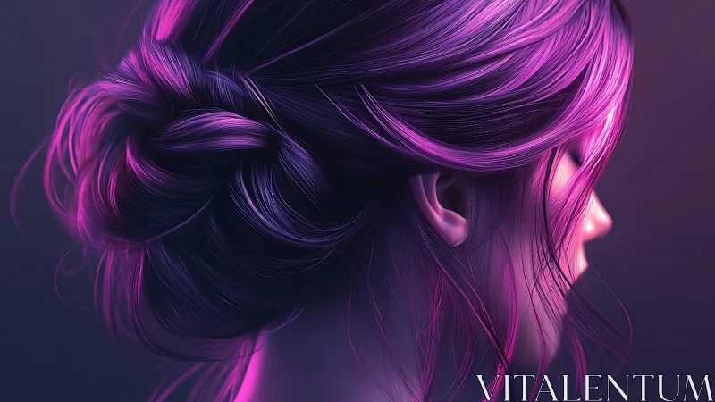 Neon-lit profile reveals ethereal hair in soft focus glow.
