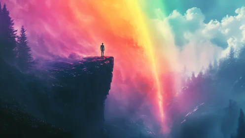Solitary figure faces radiant rainbow rift above abyss.