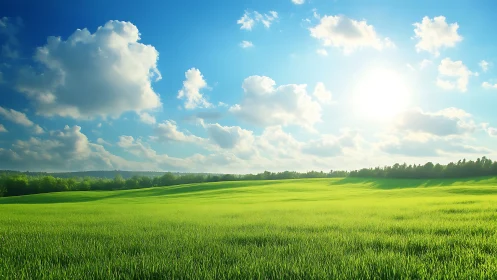Sunlit grassland under cumuliform clouds with high dynamic range