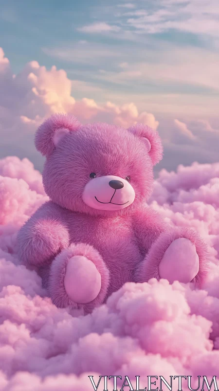 Volumetric pink plush bear rendered in cloudlike cotton strata.