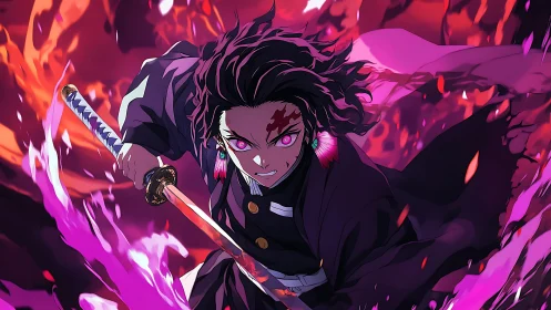 Sword wielding character advances through stylized flames