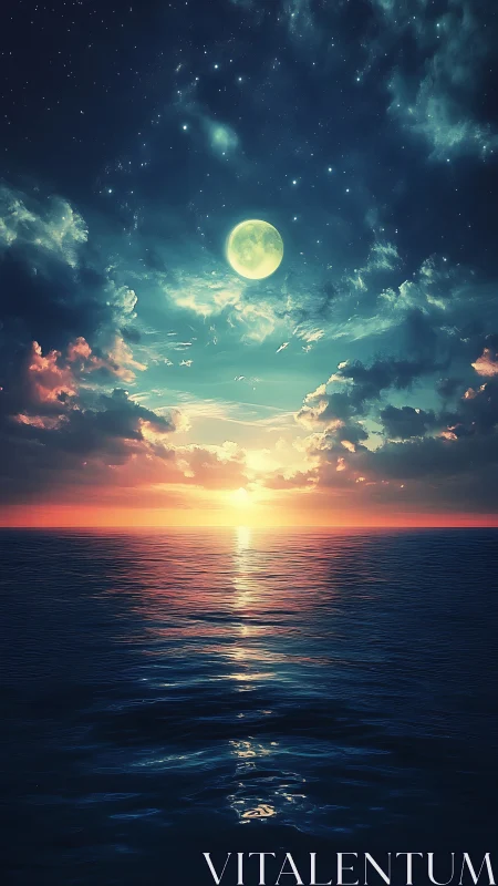 Moonlit sky and sunset over calm open ocean horizon.