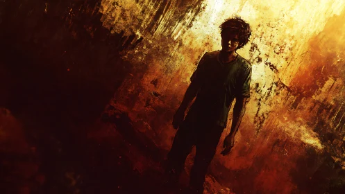 Digital painting of lone youth in abstract infernal corridor.