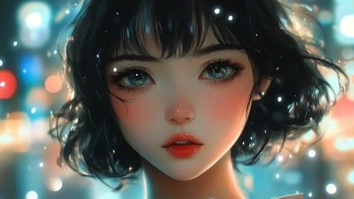 Nocturnal city glow framing luminous anime portrait.