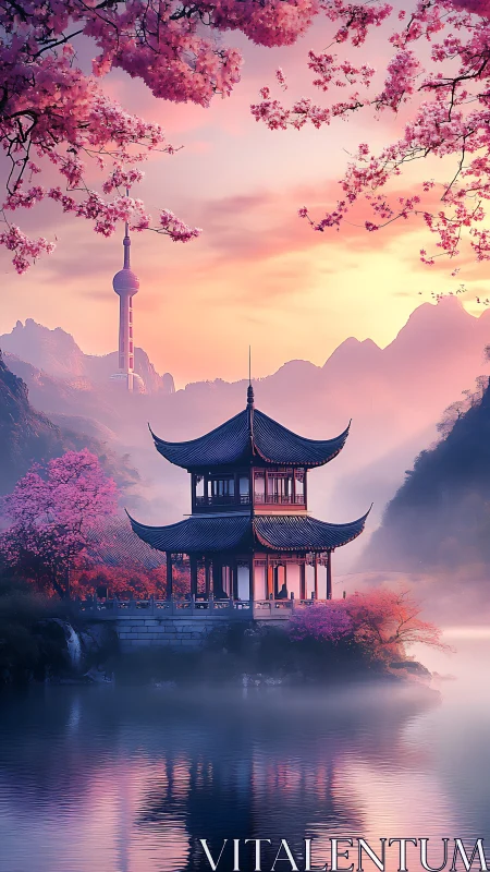 Serene pagoda under cherry blossoms at pastel sunrise.