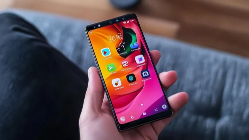 Hand holding vibrant gradient Android phone with colorful app interface