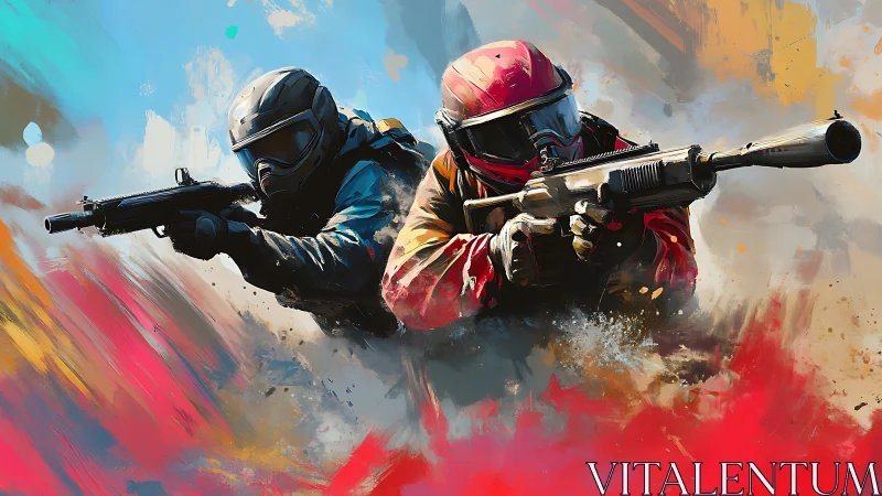 Armored soldiers sprint through abstract battlefield fire