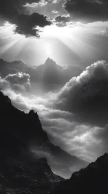 Sunbeams carve silver rivers through a monochrome cloud sea