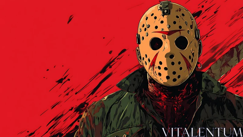Hockey mask killer portrait on bold red splattered background.