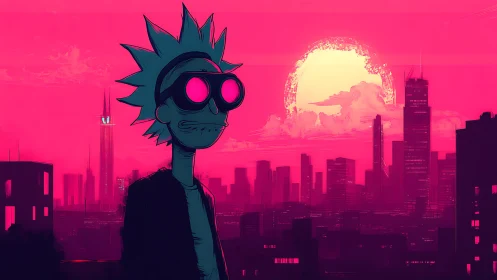 Neon sunset wanderer gazing over a glowing pink city.