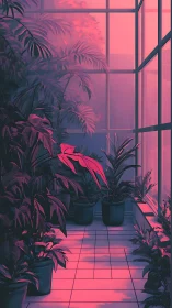 Neon greenhouse corridor bathes tropical leaves in magenta glow.