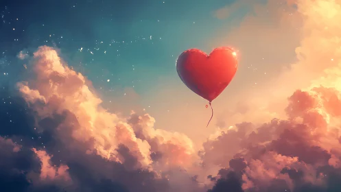 Red Heart-Shaped Balloon Floating Through Golden Sunset Clouds