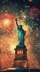 Torchlit guardian under riotous fireworks of city sky.