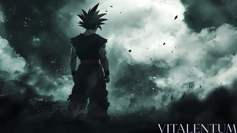 Lone anime warrior confronts a storm of smoke and light