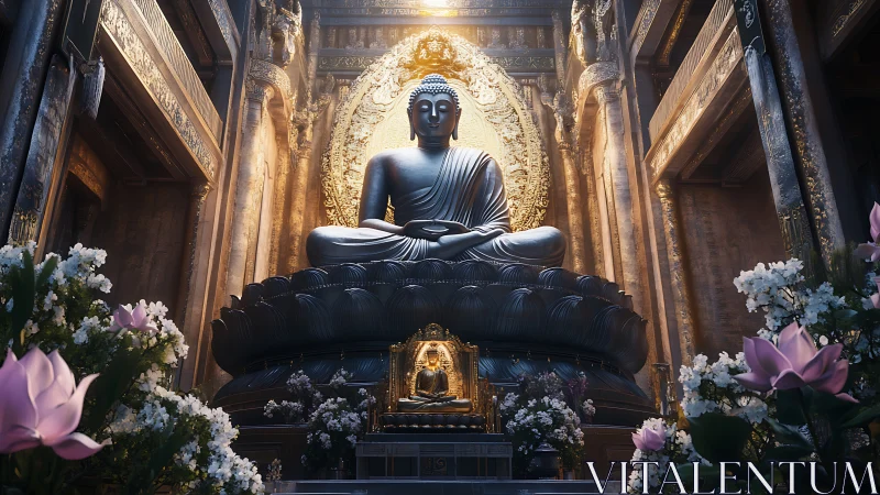 Serene bronze Buddha seated amid gilded temple splendor.