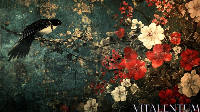 Digital painting of perched bird with stylized florals on patina ground.