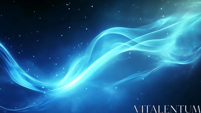 Curved cyan light streak traverses dark blue starfield