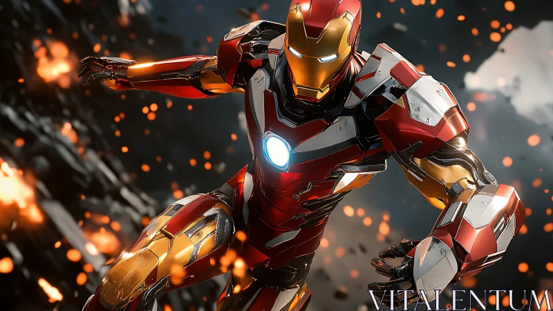 Armored humanoid figure advances through sparks in midair