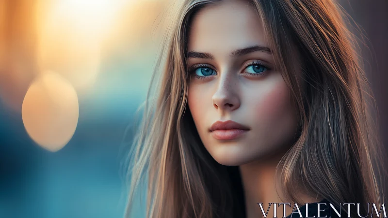 Soft evening portrait with calm blue eyes and gentle light.