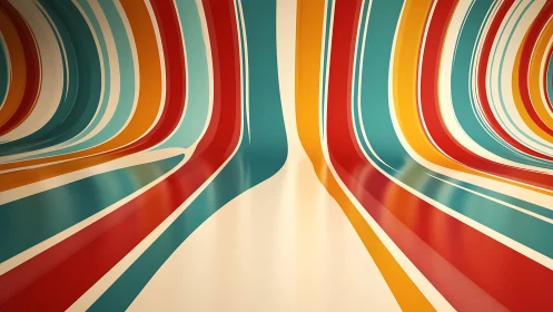 Curved retro color bands sweep through tunnel-like interior