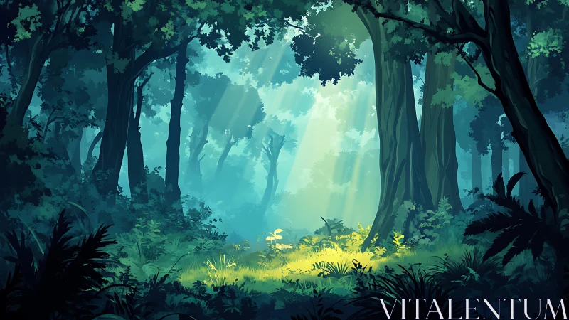 Dense forest clearing with atmospheric light penetration