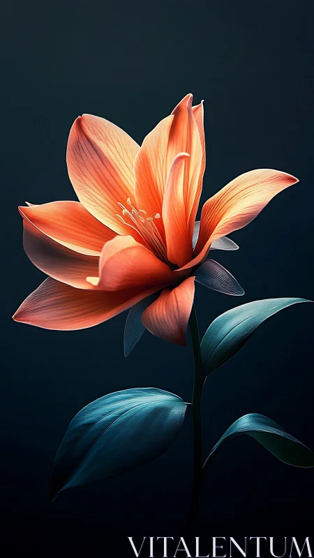 Orange flower bloom with blue leaves against dark background.