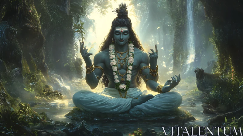 Forest silence crowns meditating deity in luminous mist