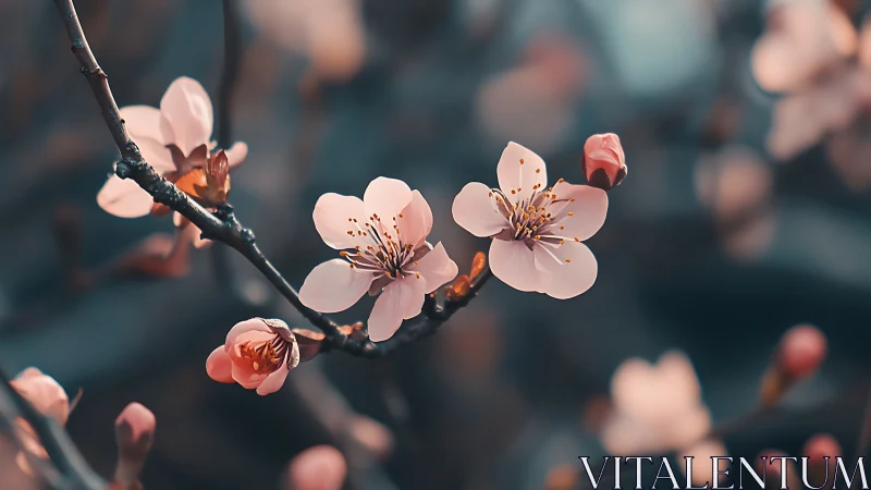 Spring Cherry Blossoms with Shallow Depth of Field. Fine-detail macro botanical photography.